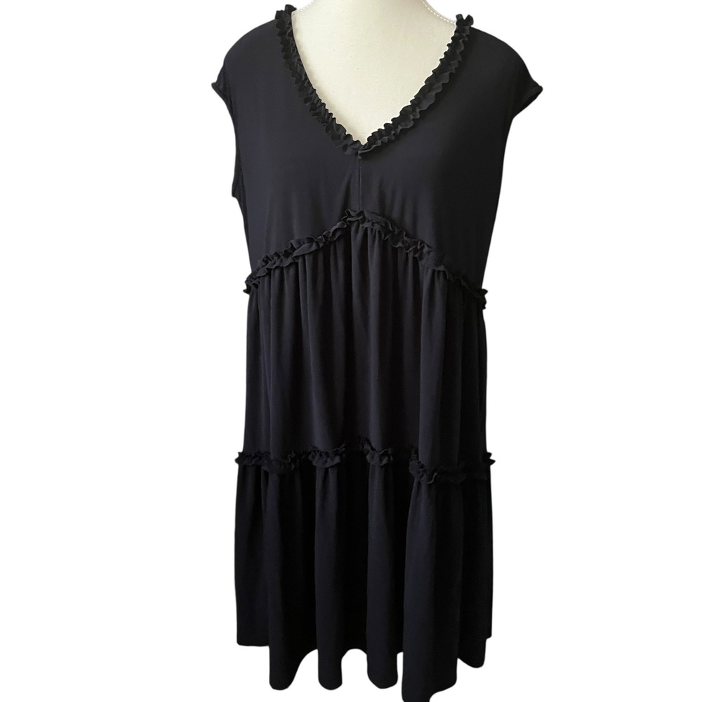 Violet Weekend‎ Navy Ruffle Tiered Sleeveless V Neck Dress Casual Women's L